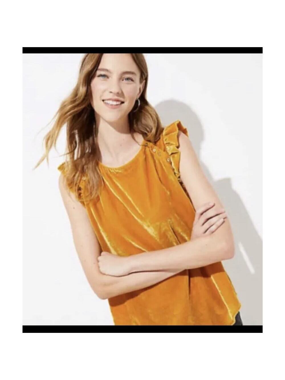 Loft EUC Women's Mustard Yellow Velvet Ruffled Sleeveless Top Size L